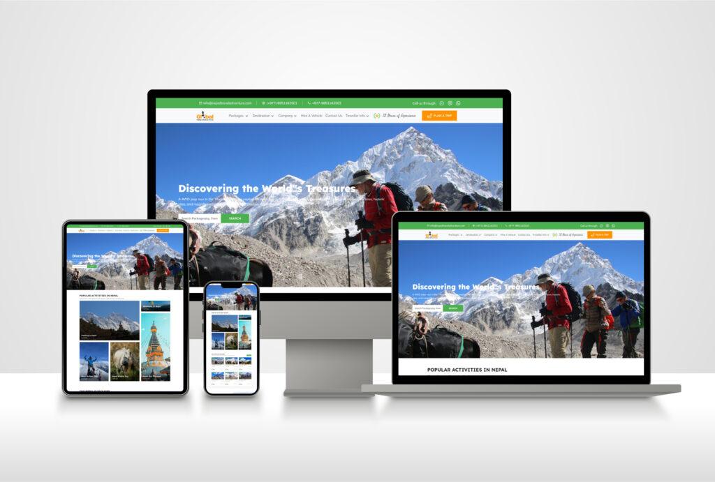 The Nepal Travel Adventure website shown on desktop, laptop, tablet and phone