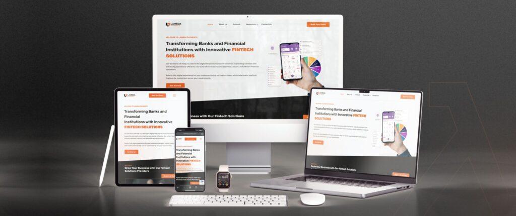 The Lambda Payments website shown on desktop, laptop, tablet and phone