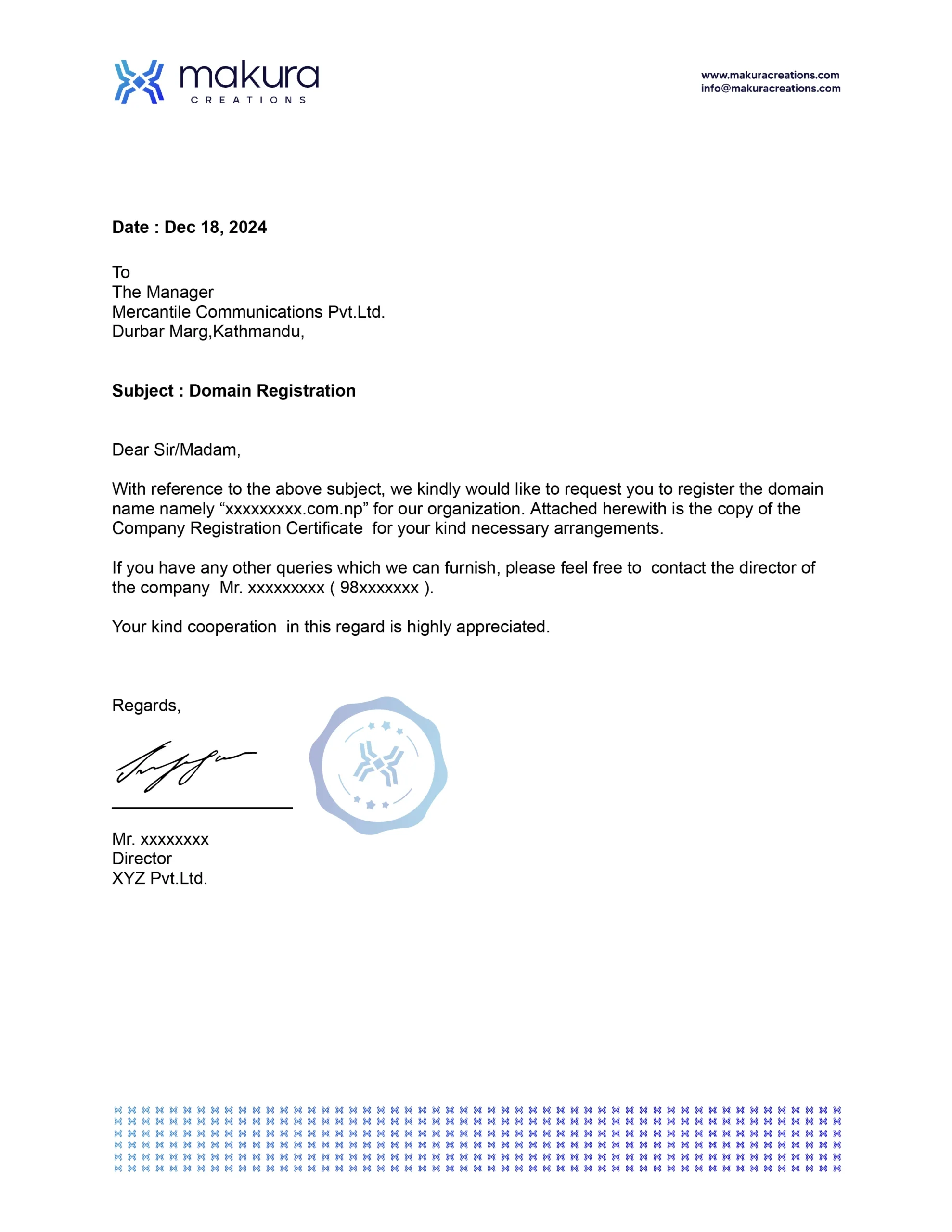 Mercantile Domain Registration Cover Letter