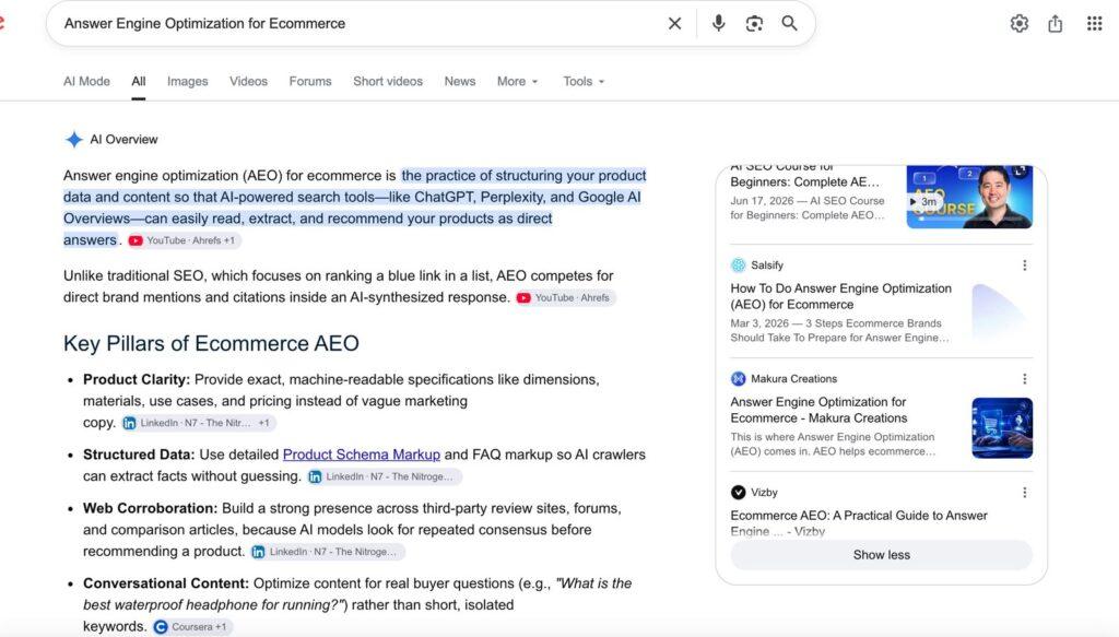 Google AI Overview for ecommerce AEO citing Makura Creations alongside Salsify