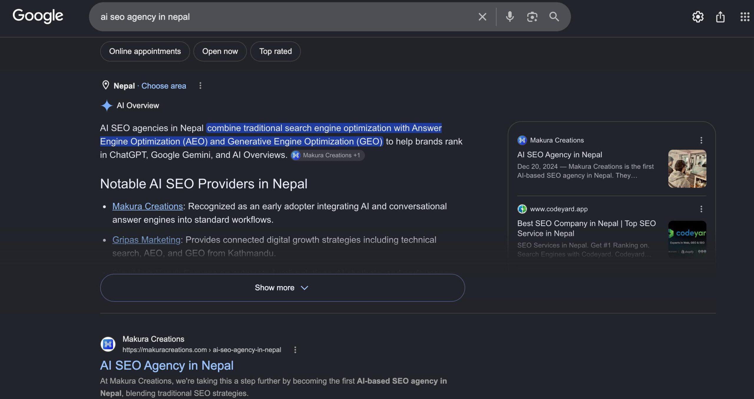 Full screenshot: “ai seo agency in nepal”