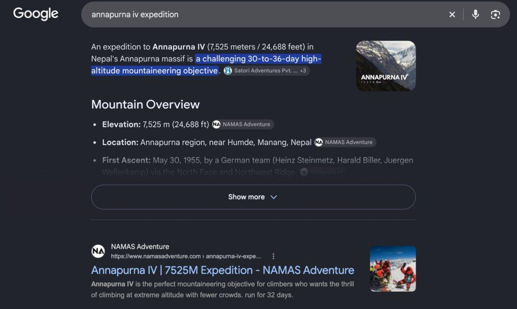 Google AI Overview for Annapurna IV citing NAMAS Adventure for elevation and location