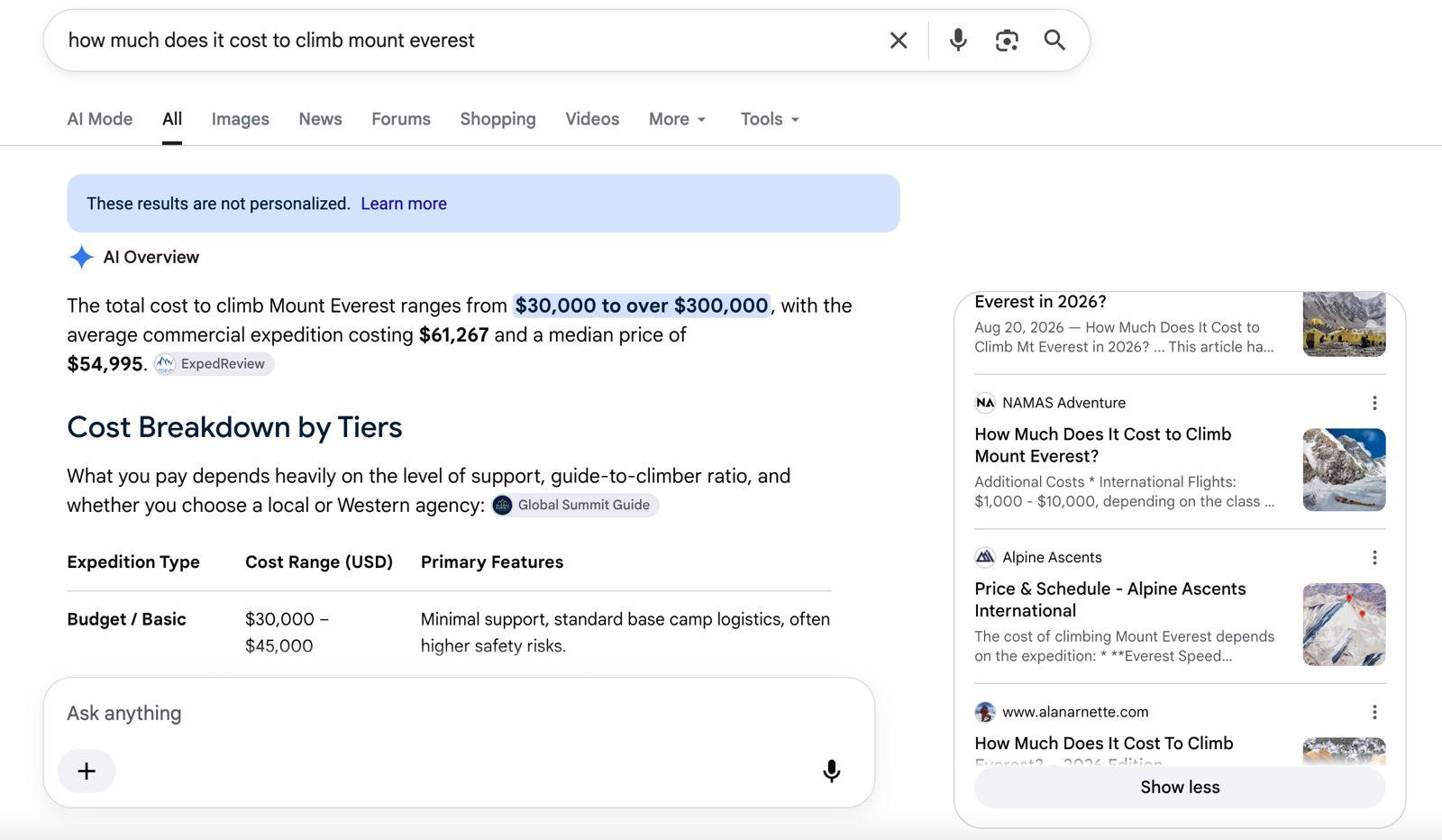 Full screenshot: “how much does it cost to climb mount everest”