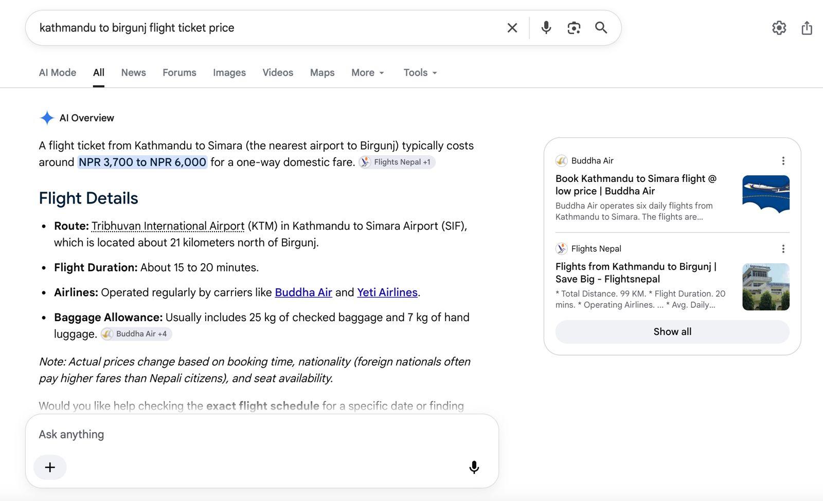 Full screenshot: “kathmandu to birgunj flight ticket price”