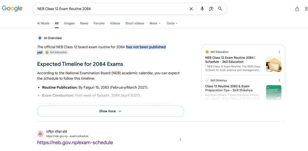 Google AI Overview for the NEB Class 12 exam routine citing 360 Education
