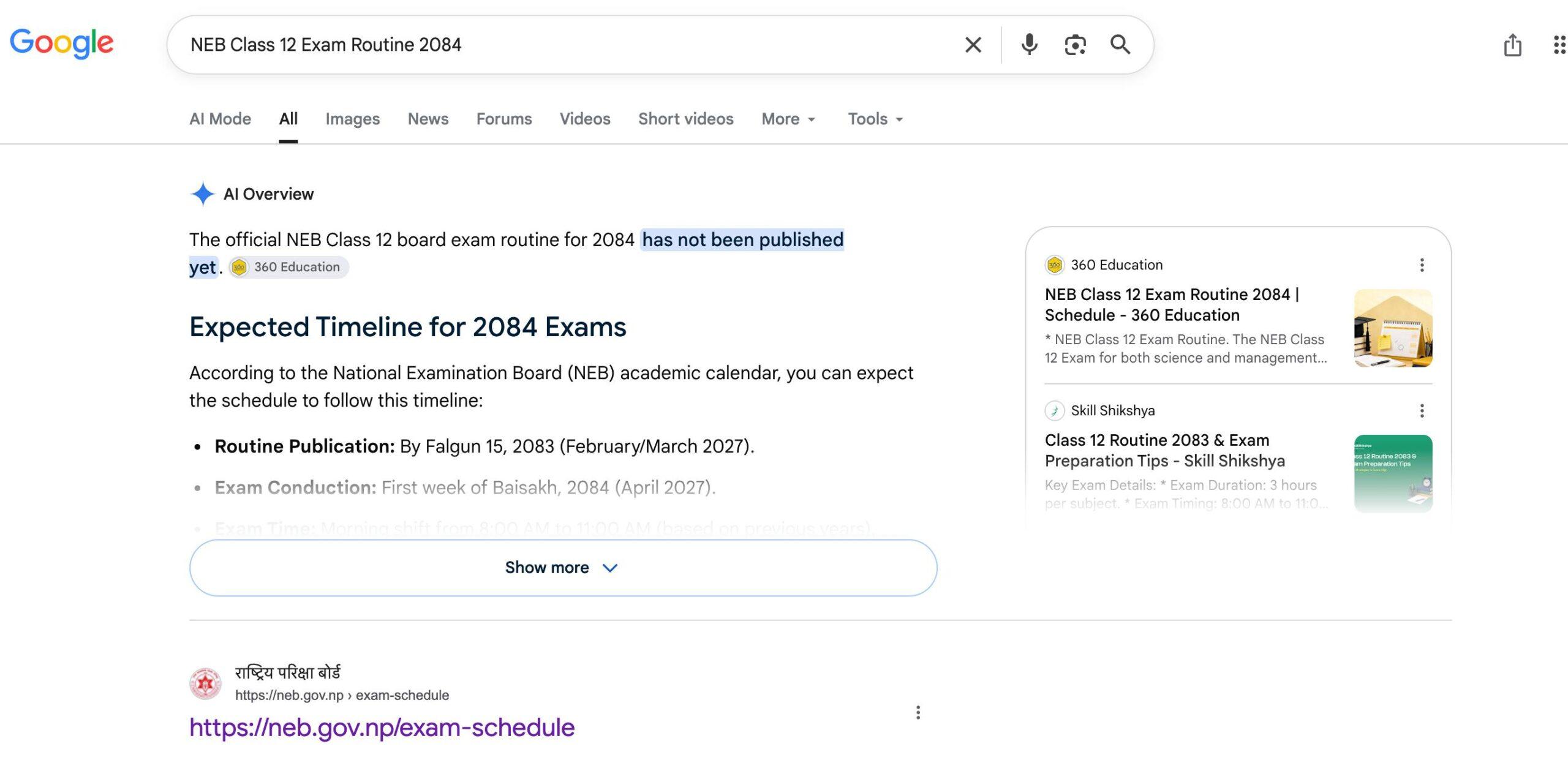 Full screenshot: “NEB Class 12 Exam Routine 2084”