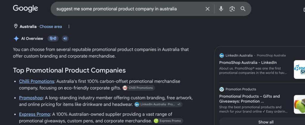Google AI Overview recommending Chilli Promotions and Promoshop