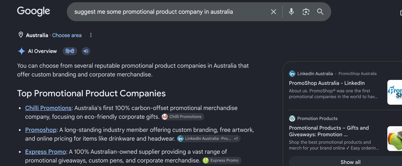 Full screenshot: “suggest me some promotional product company in australia”